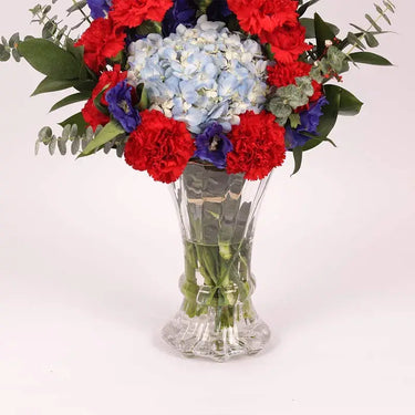 Amour Blooms, Elegance Captured, Vase, Blue Hydrangea, Delphinium, Red Carnations, Premium Designer Glass Vase